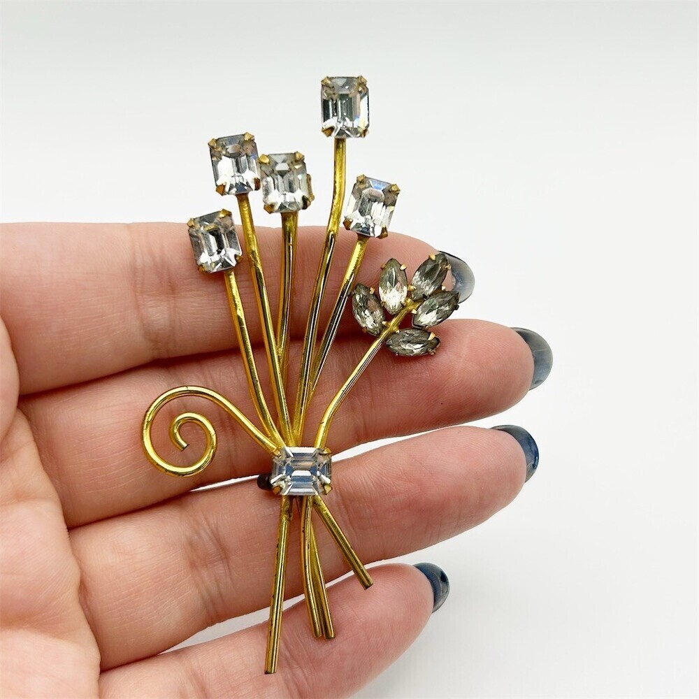 Vintage Coro Mid-Century Sterling Silver Gold Wash Clear Rhinestone Leaf Brooch